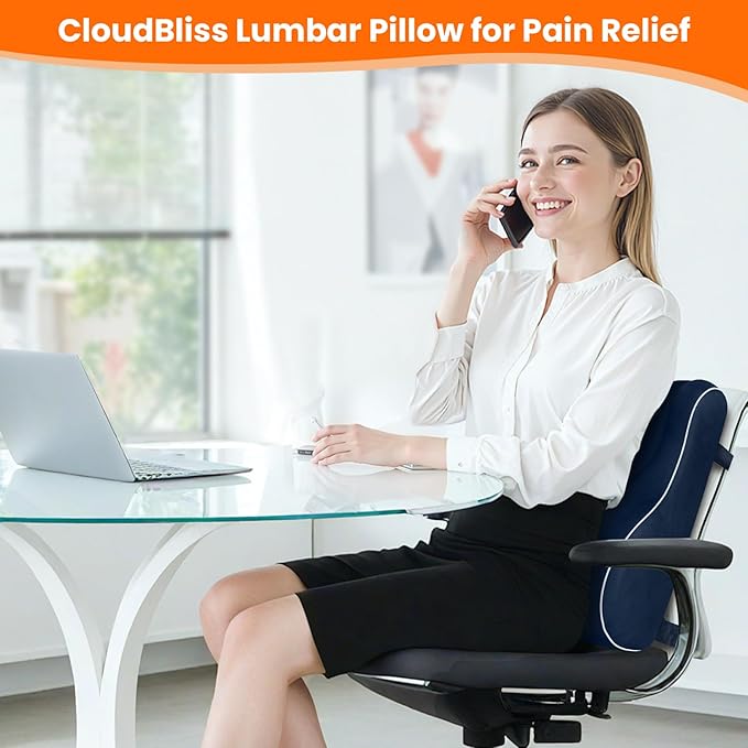CloudBliss Ergonomic Lumbar Support Pillow – Memory Foam for Lower Back Pain Relief, Adjustable Straps & Mesh Cover for Office, Gaming, Car & Home Essentials (Blue)