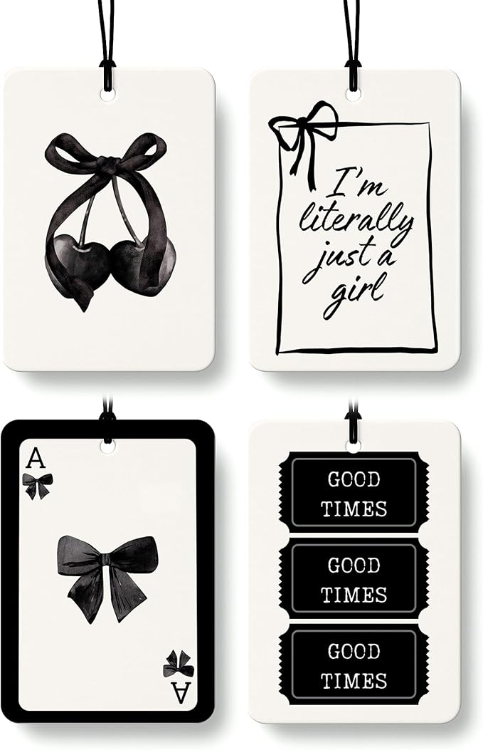 Coquette Black Bow Cherry Cologne Car Air Freshener 4 Pcs, Retro Preppy Cherry Poker Ticket Hanging Air Freshener for Cars Bathroom Dorm Books Decor, Vintage Accessories Gifts for Women Girls