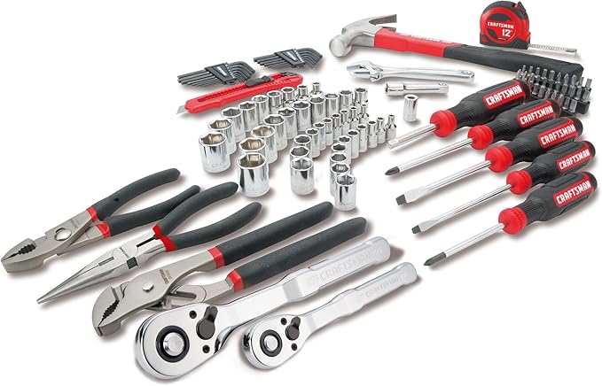CRAFTSMAN 102-Piece Tool Kit for Home and Car, Durable Hand Tools Set with SAE and Metric Socket Set, Screwdrivers, Wrench, Hammer, Pliers, Knife, Hex Keys, Specialty Bits, Tape Measure (CMMT99449)