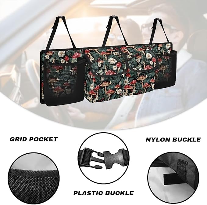 Floral Mushroom Car Trunk Organizer Foldable Backseat SUV Organizer Multifunctional Storage Carrying Caddy Tool Tote Bag Storage Bag for Camping