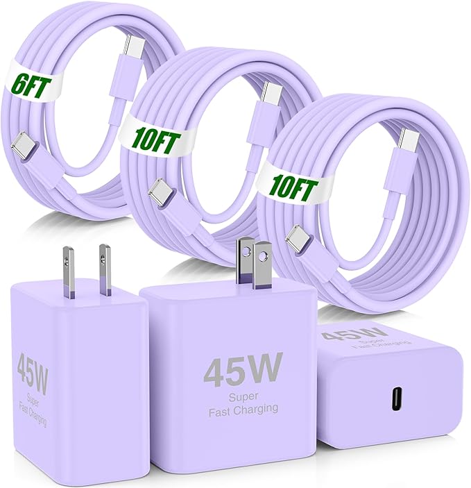 45W iPhone 17 16 Pro Max Charger Fast Charging,3Pack USB C Fast Charger Block with Long 10/10/6FT C to C Cable for Apple 17 Pro Max/16 Pro/15/iPad 13th,PD Quick Adapter 3.2 for iPhone 17-Purple