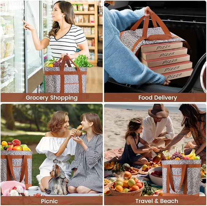 mosago Insulated Grocery Bag, Large Cow Print Reusable Cooler Bag with Zipper, Leakproof Thermal Tote for Food Delivery, Collapsible Shopping Bag for Picnic, Beach, Travel, Compatible with Delivery