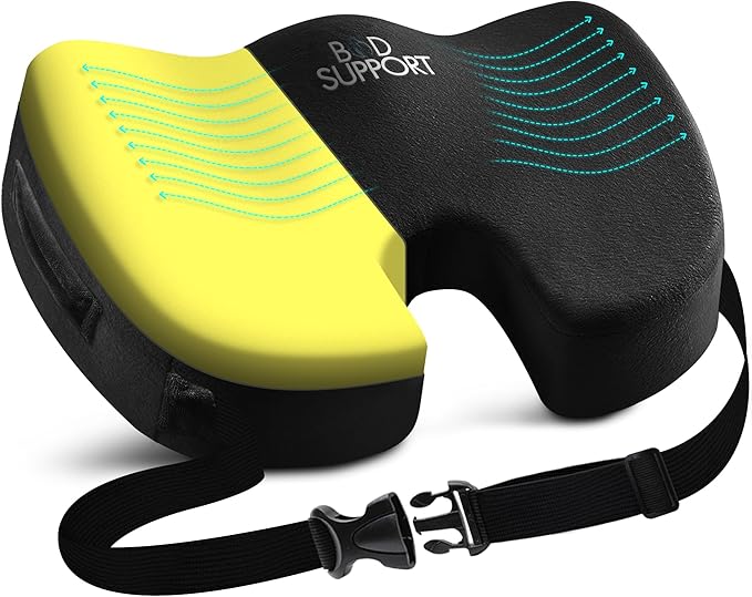 Seat Cushions for Office Chairs, Desk Chairs, and Car Seats - Enhances Posture and Support - Non-Slip Ergonomic Design with Adjustable Straps - Sciatica and Tailbone Relief (Black)