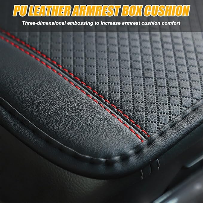 Car Armrest Seat Box Cover, Comfortable Leather Automotive Center Console Cushion Pad, Soft Waterproof Vehicle Arm Rest Protector Mat Accessories, Universal for RV, SUV, Truck (Black/Red)