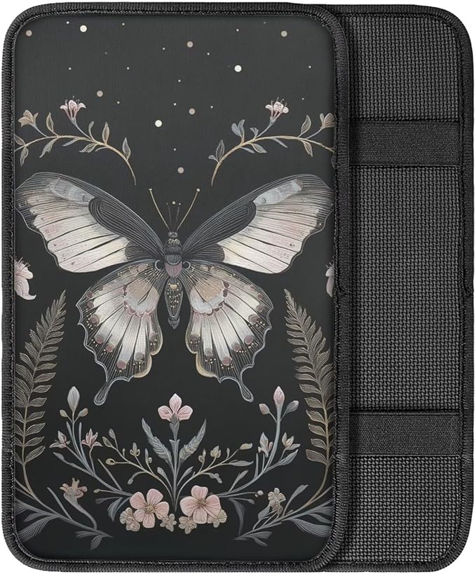 Flower Moth Automotive Center Console Cover Universal Car Armrest Cover Auto Center Console Cushion Protector Floral Moth Car Interior Accessories Decor, Black