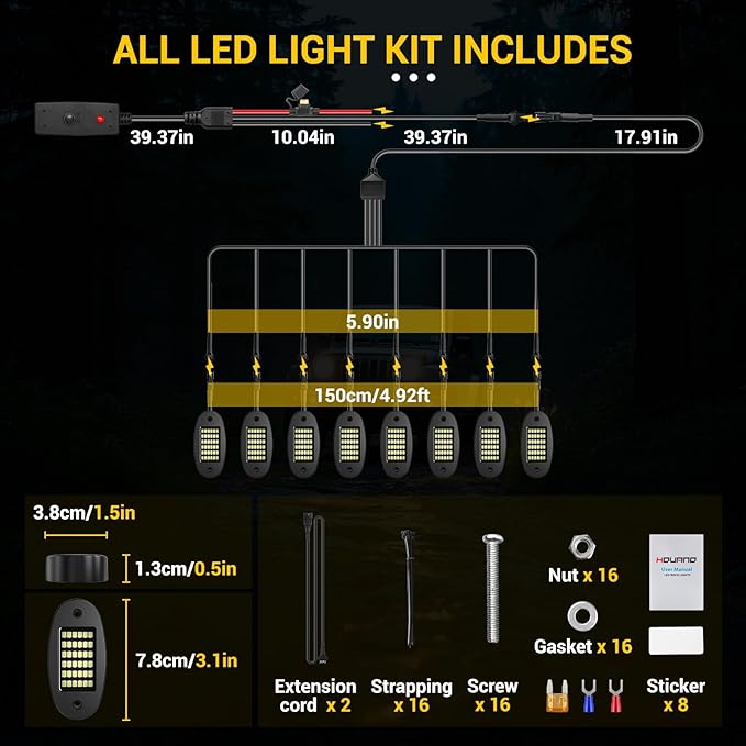Hovano 8 Pods White Rock Light Kit with Wired Switch - 6500K Pure White LED Underglow, IP68 Waterproof, Super Bright 36 LEDs for Trailer Off Road SUV UTV ATV RZR Car