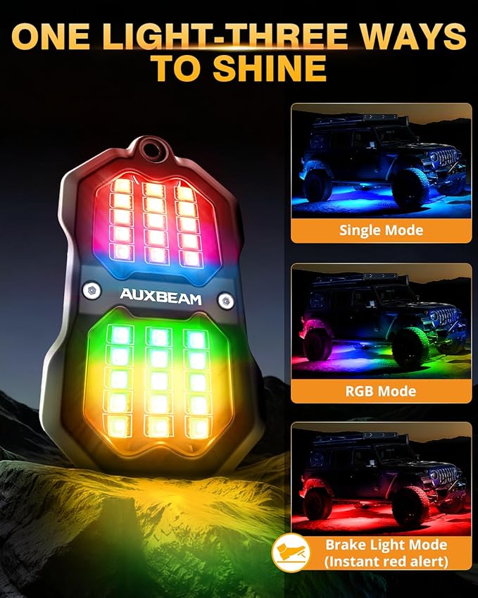 Auxbeam 4-Pod RGB LED Rock Lights with Brake Mode 213° Dual-Side Lighting Dynamic Color Changing Underglow Kit w/Bluetooth APP+Remote Control Music Voice Sync Waterproof for Truck ATV 1 Year Warranty