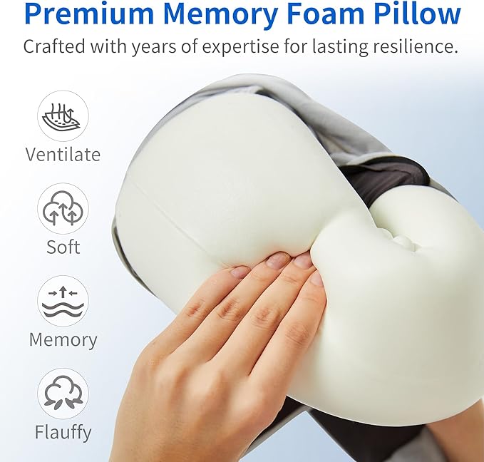 Travel Pillow, Memory Foam Neck Pillow for Airplane Sleeping, 360° Ergonomic Support Travel Pillow for Flights, Portable Set with 3D Eye Mask & Earplugs, Comfort for Plane Car Train