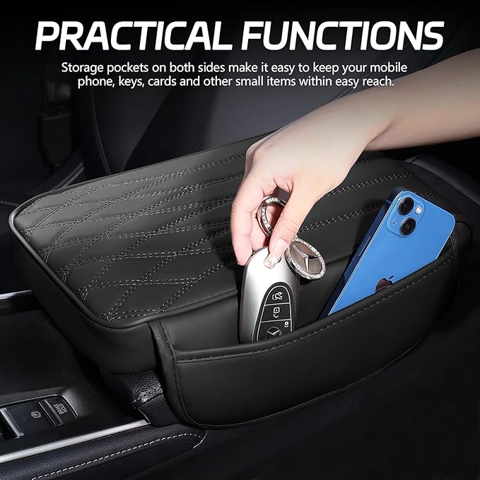 wuyaoyao Car Center Console Cover, Leather Car Armrest Box Cover, 12.40"×8.46"×1.97" Arm Rest Pad with Pockets, Soft Auto Armrest Storage Box Protector, Universal Interior Car Accessories (Black)