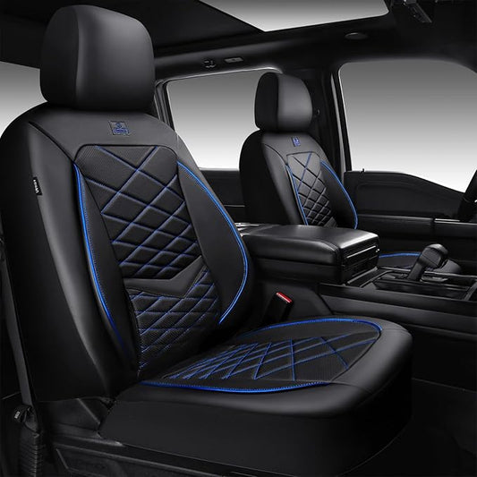 CAR PASS Luxury Nappa Leather Seat Covers Front, Water Resistant 3D Memory Foam Car Seat Covers with Lumbar Support,Thick Seat Cover Airbag Compatible Universal Fit for Sedan SUV Van Truck, Black Blue