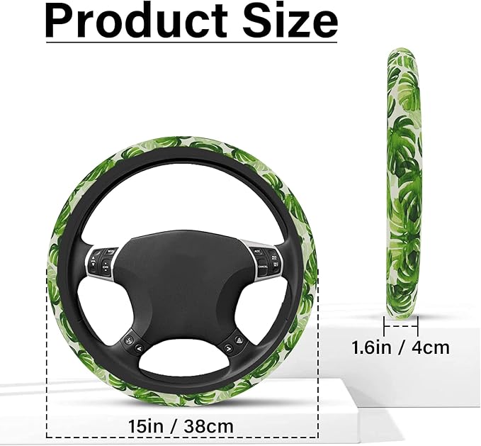 Green Palm Leaves Steering Wheel Cover, Cute Print Steering Wheel Cover Protector, Ultra Thin Breathable Non-Slip, Car Accessories for Women, for Steering Wheel with a Diameter of 14.5"-15"