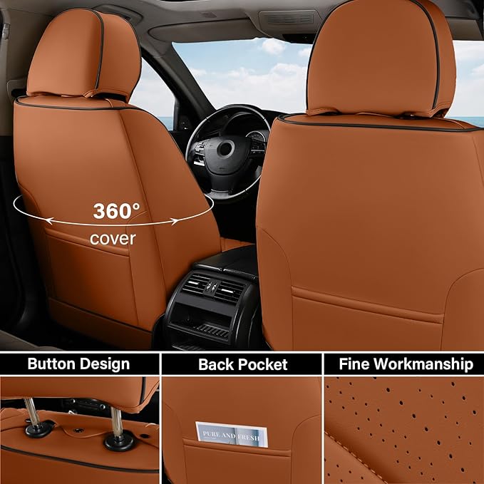 Coverado Car Seat Covers Full Set, Nappa Leather Seat Covers for Car, Waterproof Car Seat Protector with Lumbar Support, Automotive Seat Covers Universal Fit for Most Cars SUV Trucks (Brown-Black)