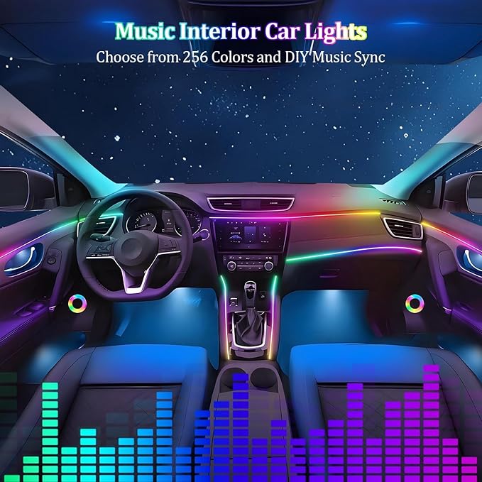 Acrylic Interior Car LED Strip Light with APP Remote Control,57in 2 in 1 USB RGB Dreamcolor Neon Flexible Strip Fiber Optic LED Ambient Lighting Kits,RGB Music Lights Sync for Inside car Decorations