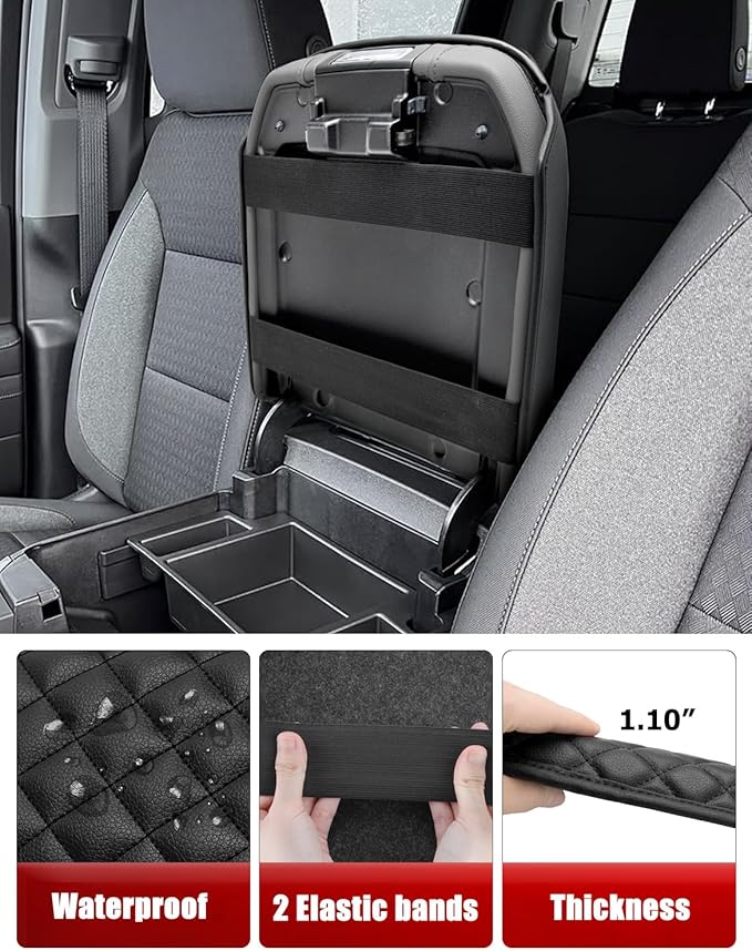 KBH Center Console Armrest Cover for Chevy Chevrolet Silverado & GMC Sierra 2019-2026, Tahoe & Suburban & Yukon 2021-2026, Bucket Seat Only, Vinyl Leather Car Arm Rest Box Cushion Pad Covering, Black