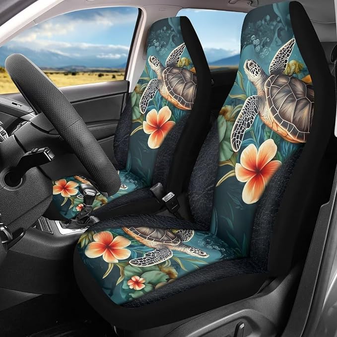 BIGCARJOB Art Sea Turtle Car Seat Cover Set for Front Seat Only,2 Pack Animal Turtle Print Auto Front Seat Protector Saddle Blanket for Women Car Interior Accessories