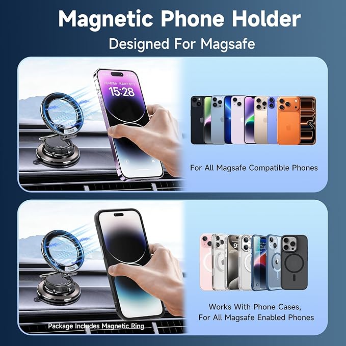 Magnetic Car Phone Holder, 360° Adjustable Suction Cup Universal Phone Mount, Multi-Scene for Car Office Gym Home, Compatible with iPhone 17/16 Pro Max & Other Magnetic Phones (Black)