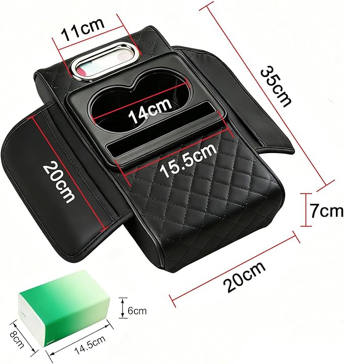 Car Armrest Cushion (Black) Multifunctional 5 in 1 Center Console Armrest Cushion with Storage Bag Cup/Phone Holder Tissue Box - Waterproof Car Interior Storage Device