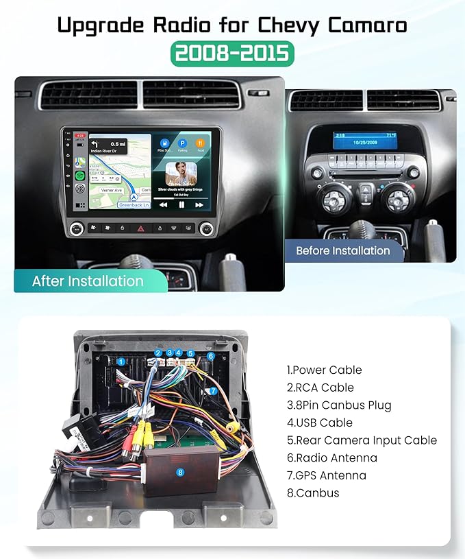 8 Core 4G+64G Car Radio Stereo for Chevrolet Chevy Camaro 2008-2015 with 5GWIFI Wireless Carplay Android Auto, Sellrich 9" 1280P Touchscreen Radio with Bluetooth 5.0 GPS FM/RDS SWC Backup Camera