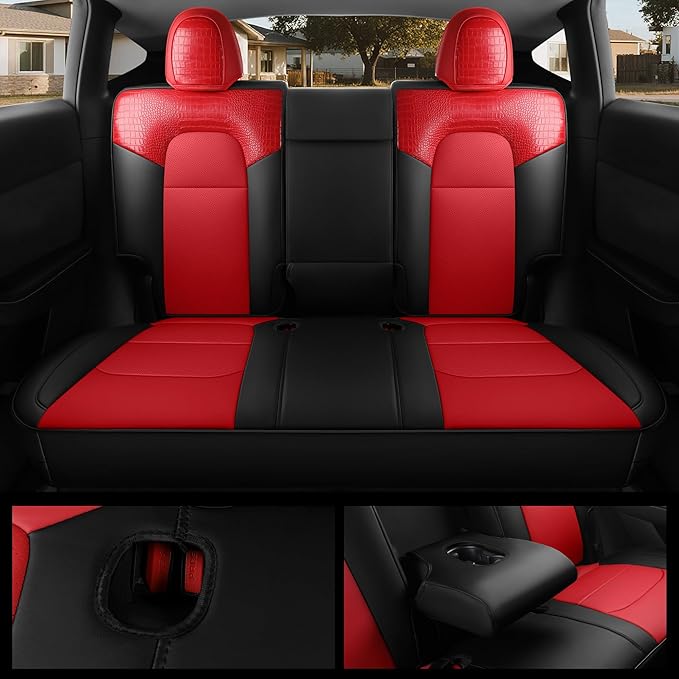 for Tesla Model Y Seat Cover 2020 2021 2022 2023 2024 (5-Seater Only) Customized Fit Car Seat Cover Interior Protectors (Crocodile Skin Red+Black)