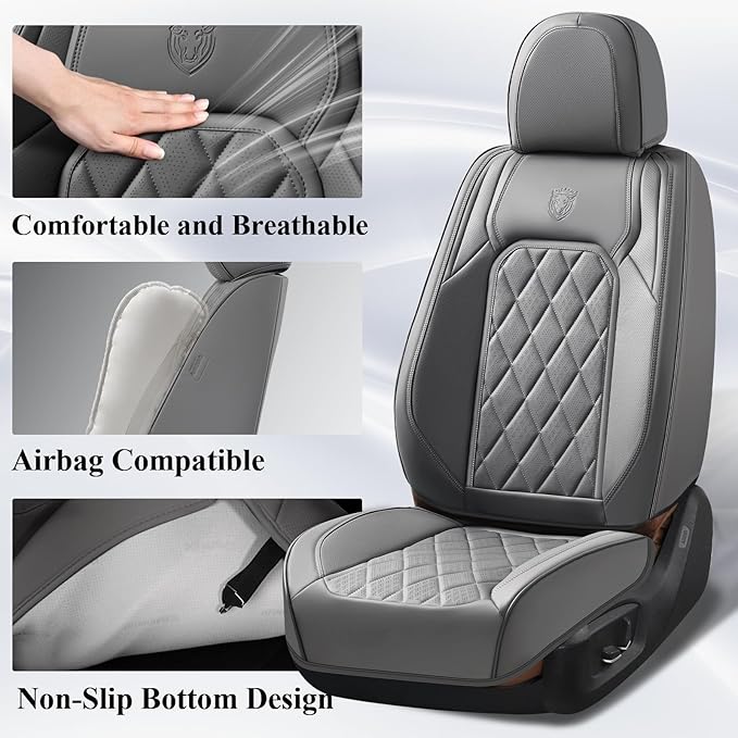 Coverado Car Seat Covers Full Set, Luxury Faux Leather Seat Covers for Cars, Waterproof Car Seat Protector, Gray Car Seat Cover, Universal Automotive Seat Covers Fit for Most Sedan SUV Trucks