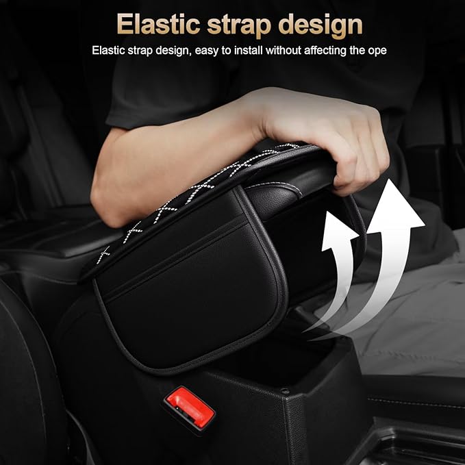 Bling Center Console Cover with 2 Side Pockets Fit for Land Cruiser Multi-Functional Car Armrest Cushion Diamond-Studded Rhombus Pattern Style(Black&Silver Diamond)