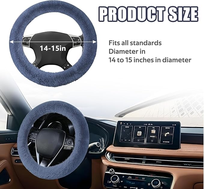 Wuyaoyao Fuzzy Car Steering Wheel Cover, 15'' Soft Auto Steering Wheel Protector for Warm Winter, Elastic Anti-Slip Fluffy Wheel Covers, Universal Car Accessories for Women and Men (Gray)