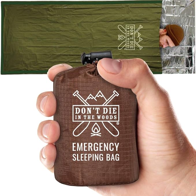 Don’t Die in The Woods - Emergency Sleeping Bag with Hood - Made with Extra Thick Thermal Mylar - 10 Essentials Hiking Camping Blanket, Survival Gear Tactical Car Disaster Bug Out First Aid Kits