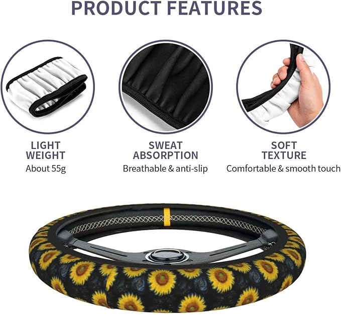 Sunflower Steering Wheel Cover Flower Steering Wheel Cover Accessories Universal Auto Interior Decor Anti Slip Car for Men Women 2 Pieces Car Coasters
