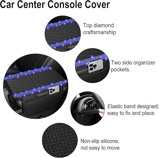 NBTEPEM Bling Car Center Console Cover, Leather Car Arm Rest Cover Cushion with 2 Storage Bags, Universal Automotive Armrest Protector Storage Box, Bling Accessories Interior for Most Vehicles (Blue)