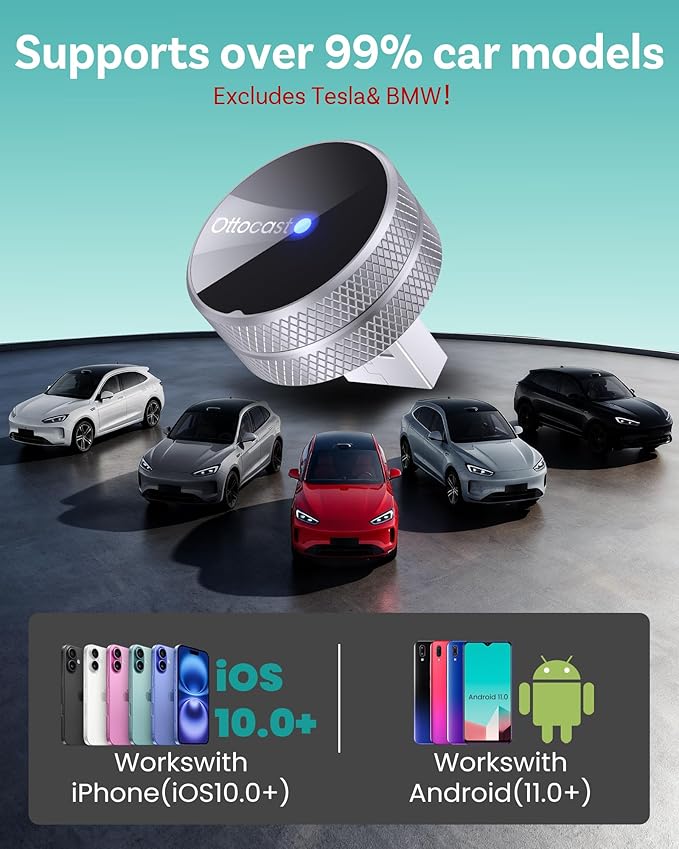 OTTOCAST Mini Tube 2026 Wireless CarPlay & Android Auto Adapter, Ultra-Fast Auto Reconnect,WiFi 6 & Bluetooth 5.4,Mini Plug & Play Dongle for Cars with Wired CarPlay