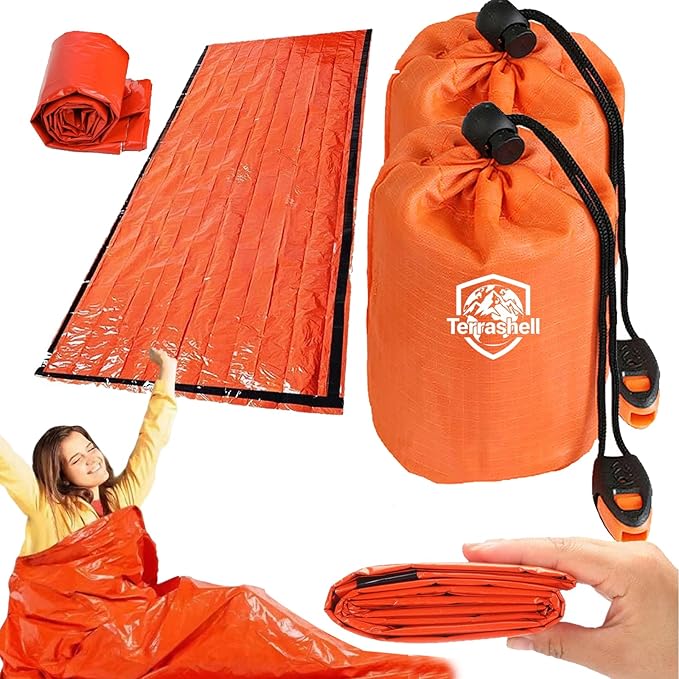 Sleeping Bag, Terrashell Blanket, Emergency Sleeping Bag, Waterproof, Compact Lightweight, Extra Thick, Heat Blanket Survival for Survival Kit Car Camping Gear Hiking Go (65μm) (2PCS)