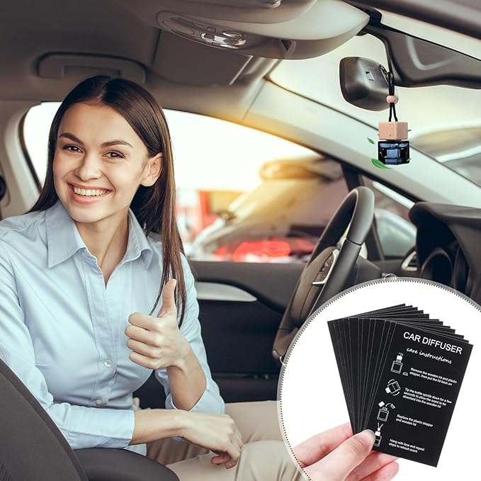 DaisyInner 200 Sets Car Diffuser Bottles Empty Bulk Hanging Car Air Freshener Diffuser Bottles Bulk Glass Perfume Holder with Instruction Cards for Essential Oil Fragrance Pendant(Square,Black)