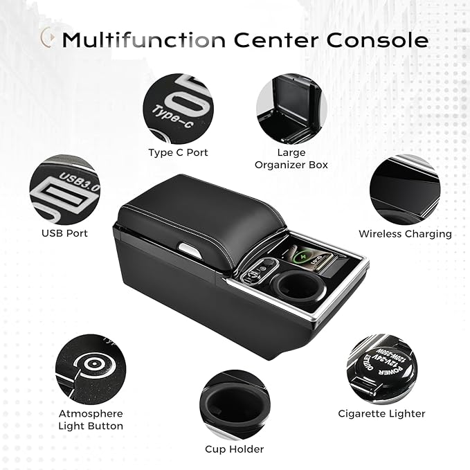 Coverado Center Console, Universal Bench Seat Center Console with Wireless Charging & Cup Holder & 7 Light Modes, Truck Back Seat Car Organizer, Rear Central Car Armrest Box with Storage, Black