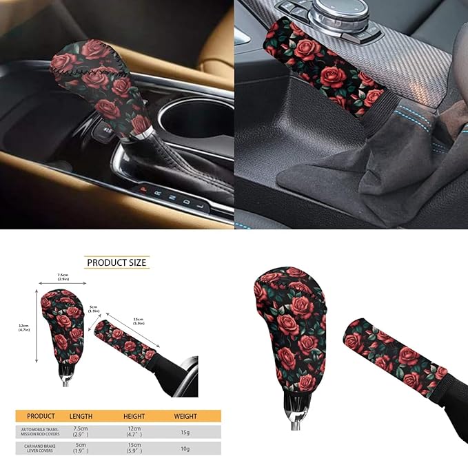 Rose Flower Print Car Steering Wheel Cover for Women 6pcs Car Interior Decor Set Handbrake Cover Cup Coaster Universal Fit Auto,Suvs,Truck