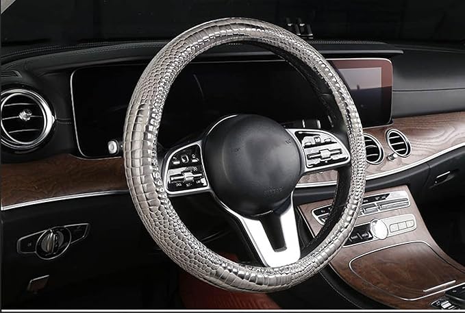 Luxury Crocodile Texture Glossy Leather Car Steering Wheel Cover, New Universal 15 Inch Vehicle Steering Wheel Cover for Cars, Trucks, Suvs, Pickups Interior Accessories (Gray)