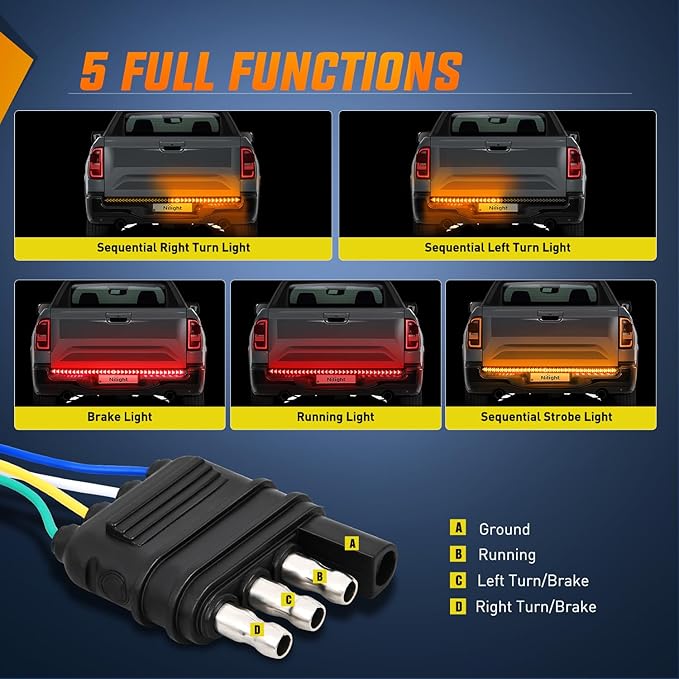 Nilight Truck Tailgate Light Strip 48Inch Arrow 432 LED with Red Running Brake Lights Amber Turn Signals Strobe Lights