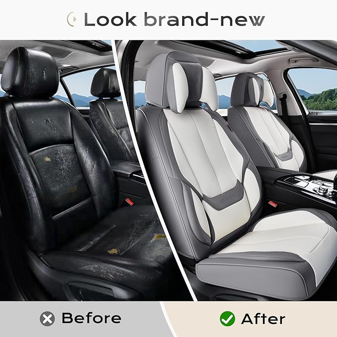 Coverado Seat Covers Full Set, 5 Seats Seat Covers for Cars, Waterproof Nappa Leather Car Seat Covers with Head Pillow, Seat Protectors Car Seat Cushion Universal Fit for Most Cars (Gray&White)