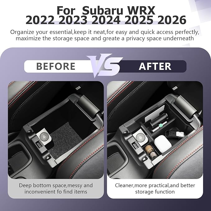 LUWU Center Console Organizer Compatible with 2022-2024 2025 2026 Subaru WRX Accessories Armrest Console Secondary Storage Box Insert Tray ABS Material Black (Standard Six-Speed Manual Transmission)
