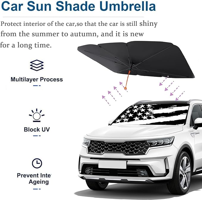 Socira American Flag Car Windshield Sunshade Umbrella Foldable Black Umbrella Sun Shade Cover Patriotic Sunshade Front Window Cover Interior Blocks Uv Rays Keeps Cool (57" X 30")