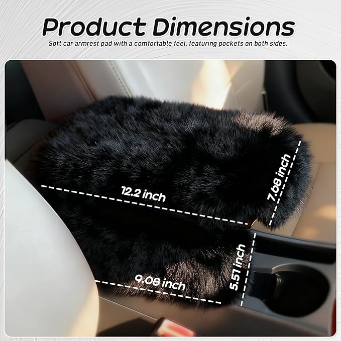 Fluffy Car Armrest Cover with Side Pockets – Plush Fuzzy Fur Center Console Armrest Cushion Pad, Universal Winter Car Interior Protector, Soft Arm Rest Cover with Storage for Women & Men (BLACK)