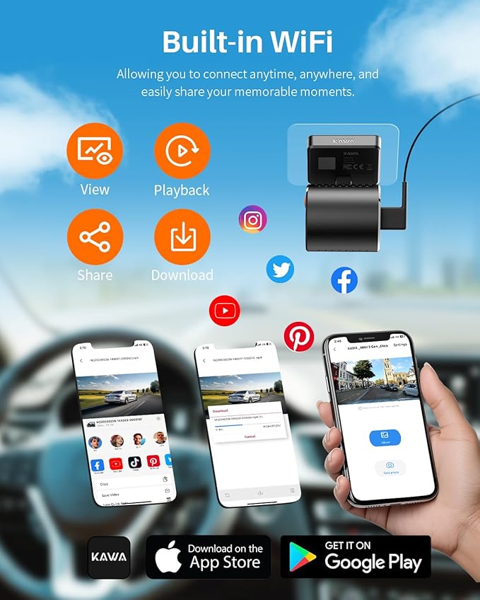 KAWA 2K Tiny Dash Cam, 1296P QHD Mini Car Camera DashCam - Voice Control, G -Sensor, Free 32GB TF Card, Built-in WiFi, APP Control, WDR/3D DNR with Super Night Vision, 24H Parking Mode