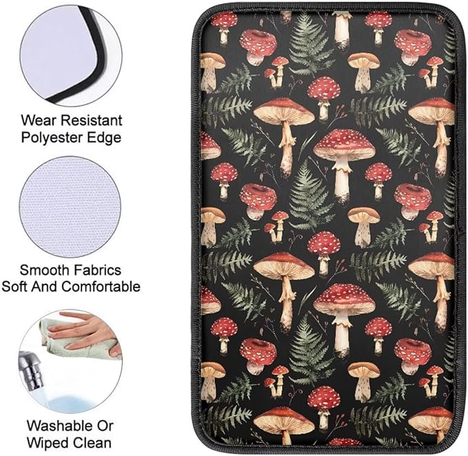 JoyLamoria Red Mushroom Auto Center Console Pad Cover Non Slip Car Armrest Cushion Soft Handrail Box Protector Universal Fit