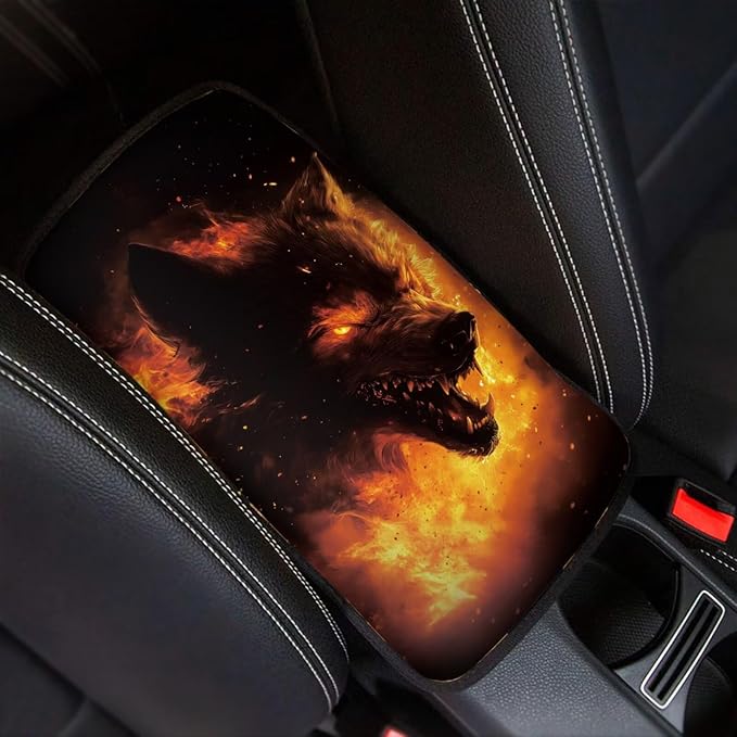 Wolf Print Car Center Console Cover Non Slip Decorative Armrest Cushion Cover for Cars Universal Fit Most Vehicles, Easy to Install