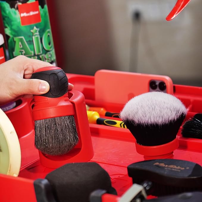 Maxshine Universal Red & Gray Combo Ultra-Soft Large Bristle Brush with Storage Rack | Curved Grip Interior Detailing Brush for Dashboard, Displays & Air Vents | Premium Car Cleaning Accessory