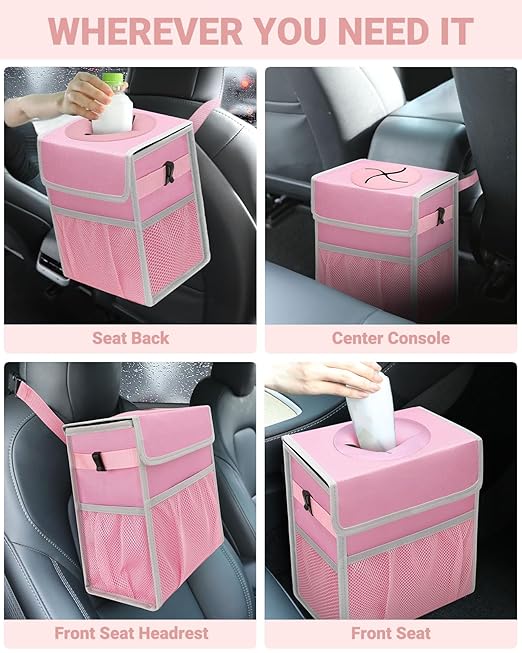 Capolo Car Trash Can with Lid, Leakproof Car Trash Bag Hanging Waterproof Automotive Garbage Can with Storage Pockets Mini Vehicle Trash Bin for Back/Front Seat(Pink,2.5 Gallon)