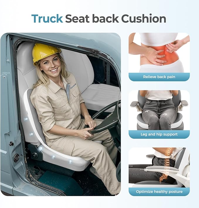 FLORICH 2 in1 Truck Seat Cushion and Lumbar Support Pillow Memory Foam Car Seat Cushion with Adjustable Strap for Truck Driver Long Drives, Fits Semi Truck Seat,Car,Office&Gaming Chair(Grey)