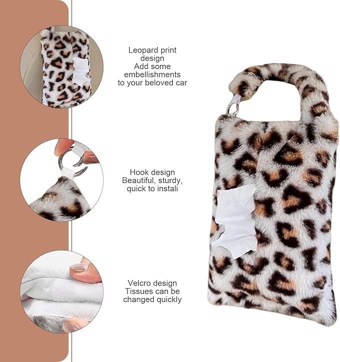 Leopard Print Car Tissue Bag, Cute Plush Hanging Tissue Holder, Multi-Functional Car Backseat Hanging Storage Bag, Universal for Small-Size Tissues (Gray)
