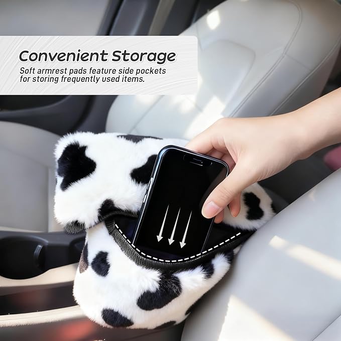 Fluffy Car Armrest Cover with Side Pockets – Plush Fuzzy Fur Center Console Armrest Cushion Pad, Universal Winter Car Interior Protector, Soft Arm Rest Cover with Storage for Women & Men (COWS)