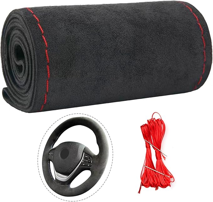 Suede Leather Steering Wheel Cover Wrap Kit - DIY Stitch-On for 14.5-15" Wheels, Superior Sweat Absorption & Non-Slip Grip, Comfortable & Durable Year-Round Upgrade