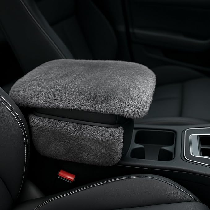 Fluffy Car Armrest Cover with Side Pockets – Plush Fuzzy Fur Center Console Armrest Cushion Pad, Universal Winter Car Interior Protector, Soft Arm Rest Cover with Storage for Women & Men (GRAY)